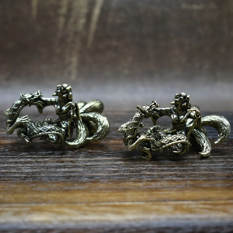 2 pieces vintage brass nine-tailed fox and dragon figurines - ideal tabletop decoration