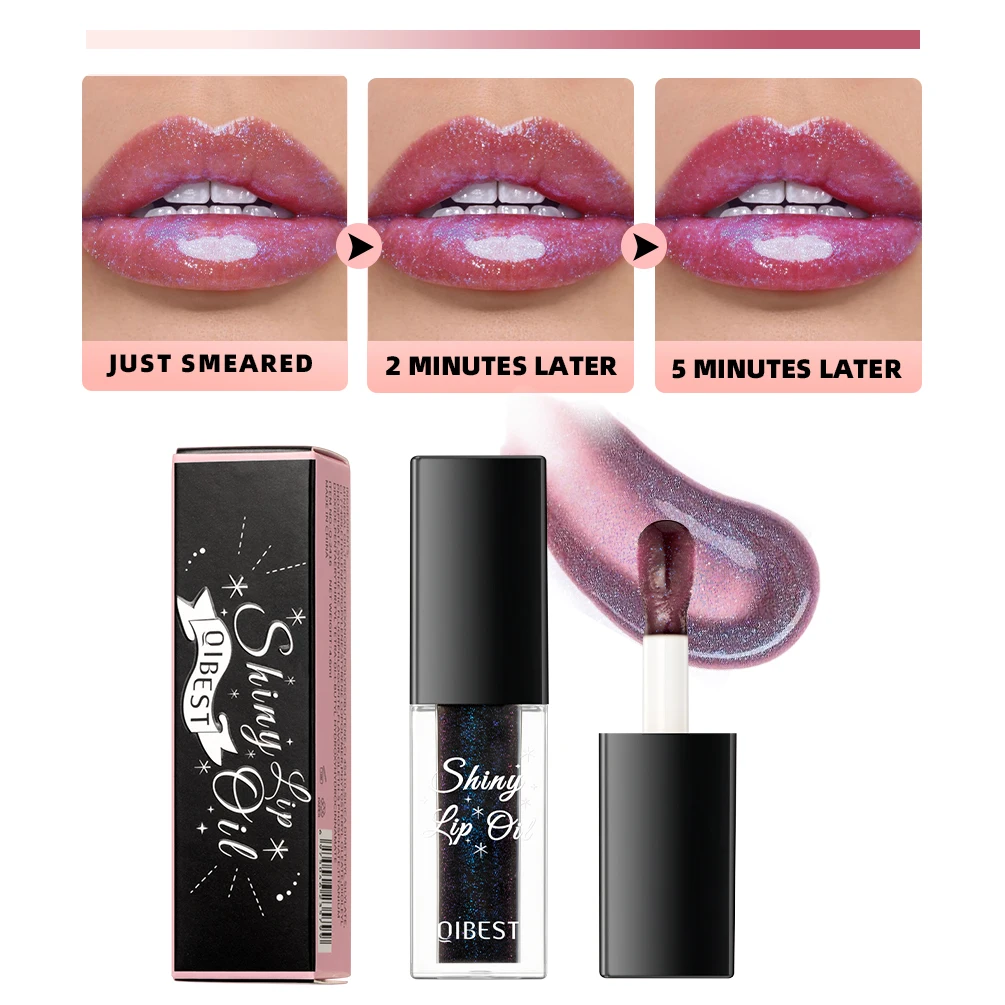 Zwarte parelmoer kleurveranderende lipgloss, glimmende spiegelroze glanzende lipolië, hydraterend, niet-kleverig, sprankelende glitter jelly lip
