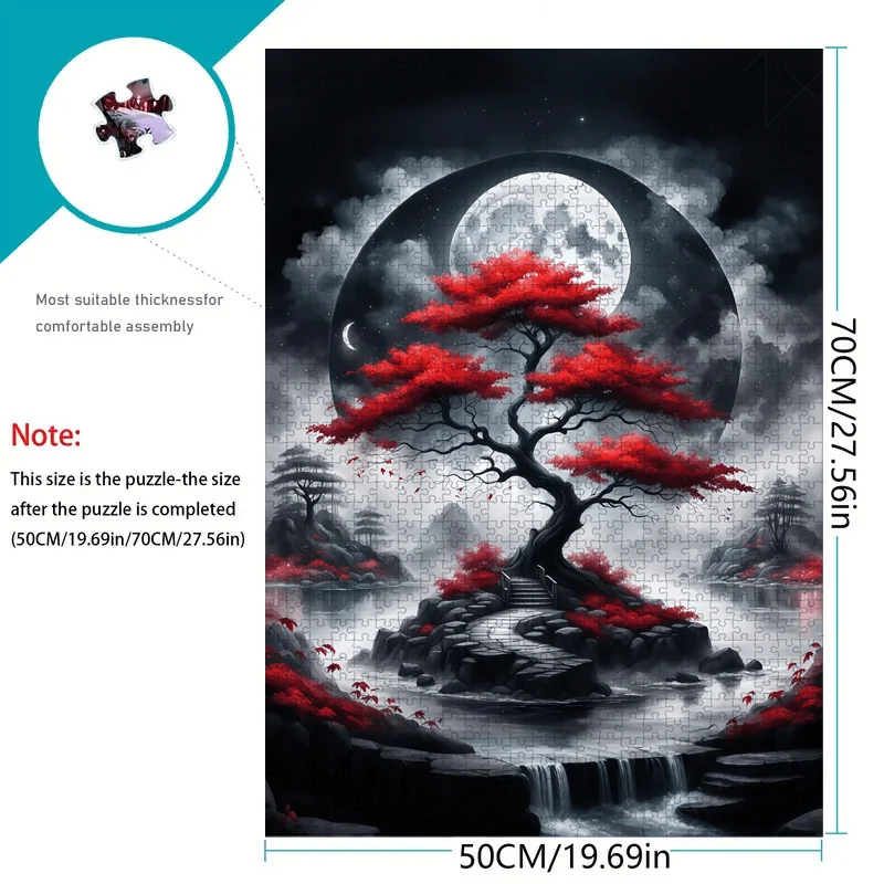 1000pcs Japanese Landscape Jigsaw Puzzle for Adults - Large Challenging Puzzle with Cherry Blossoms, Red Leaves, Black & White image 2