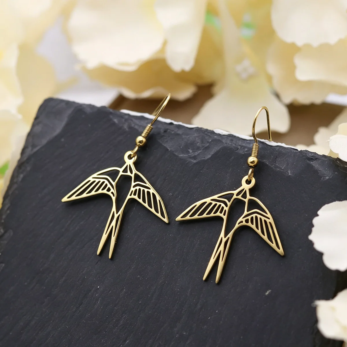 Kinitial Stainless Steel Hollow Line Swallow Hook Earrings Flying Bird Long Dangle Drop Earrings Jewelry Gift For Women