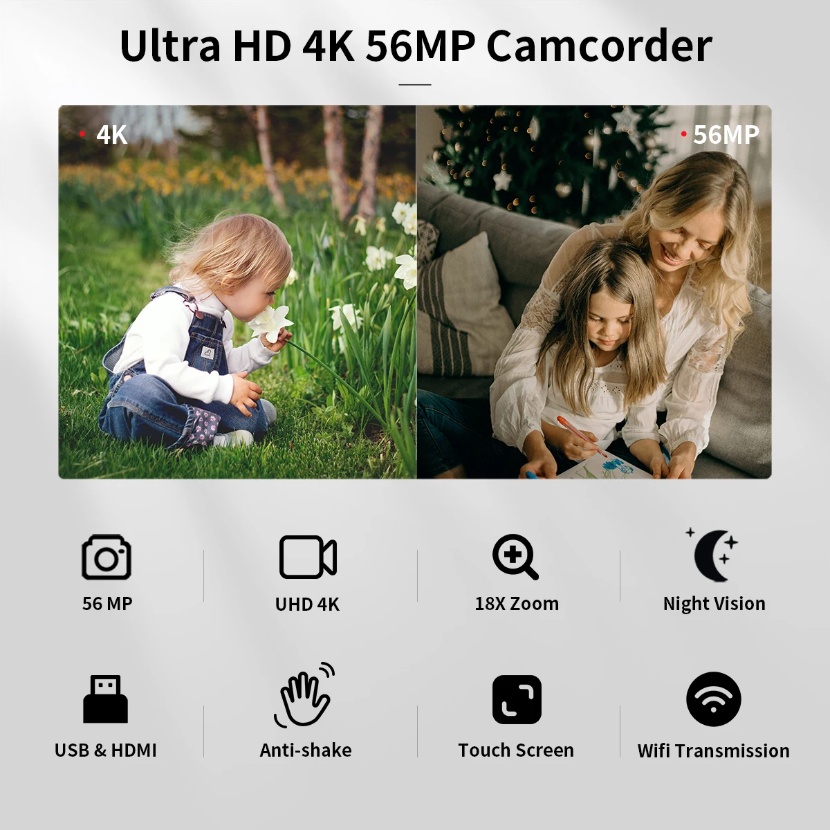 4K Video Digital Camera Camcorder 56MP UHD WiFi IR Night Vision Vlogging Camera for YouTube  Touch Screen Camera Recorder