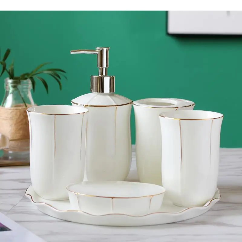 Ceramic Bathroom Set Supplies Wash Five-piece with Tray Mouthwash Cup Toothbrush Holder Soap Dish Lotion Bottle