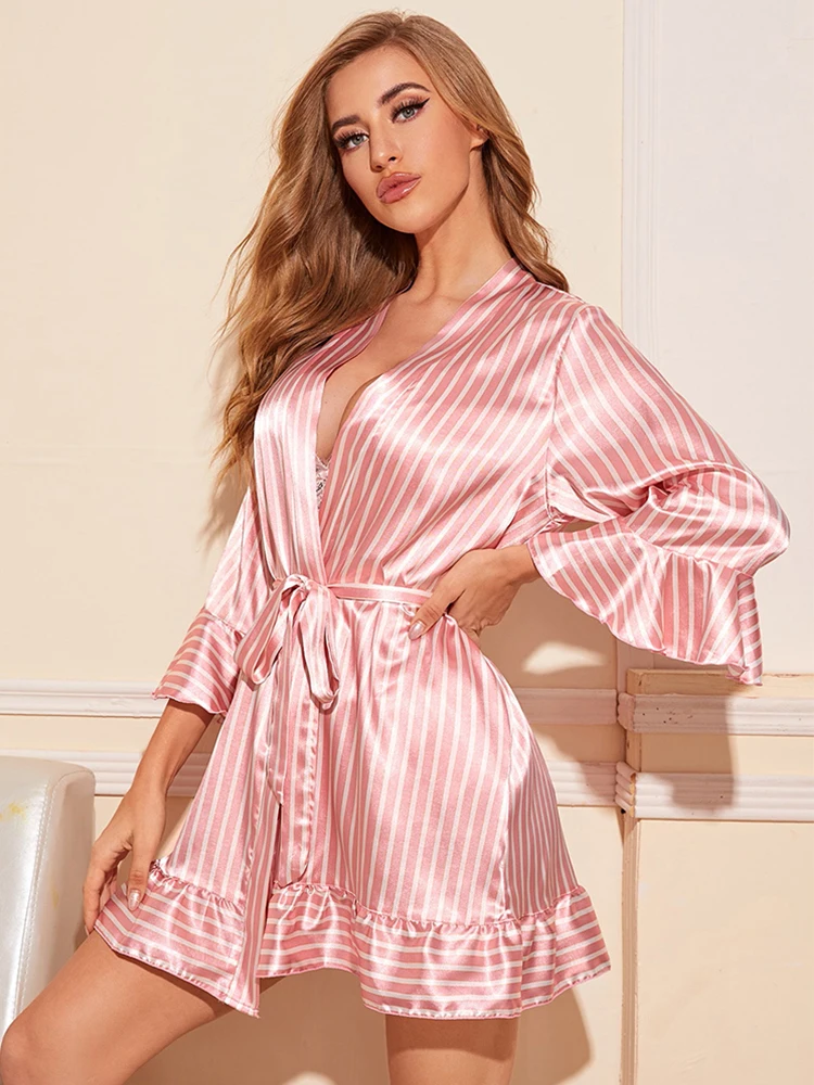 Women\'s Bathrobes Sleepwear 4 piece Stripe Pajamas Set Sexy Lace Satin Silk Pijamas Robe Cardigan Home Clothes Wedding Nightwear