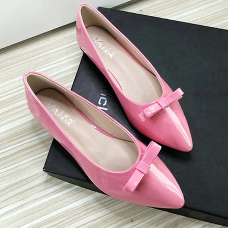 Women Hot Sell Mocasines Ballet Dancer Shiny Leather Bow-Knot Sweet Flats Pointy Toe Slip-Ons Cyan Daily Leisure Shoes Wide Fits