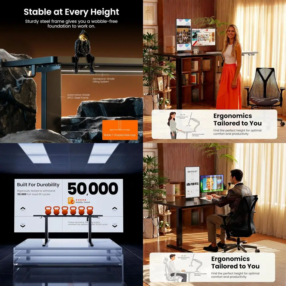 Large 55x28 Height-Adjustable Standing Desk, Two-Piece Top, Black for Home and Office Use