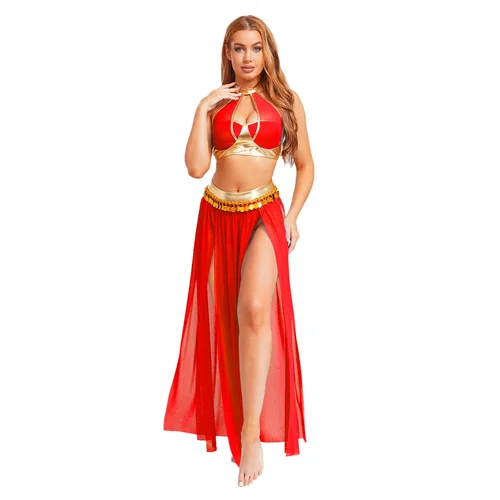 Imagen 2 del producto Trajes de danza del vientre Oriental para mujer, Top corto con espalda descubierta, falda de malla dividida con borlas de lentejuelas para actuación de danza india, fiesta de Halloween