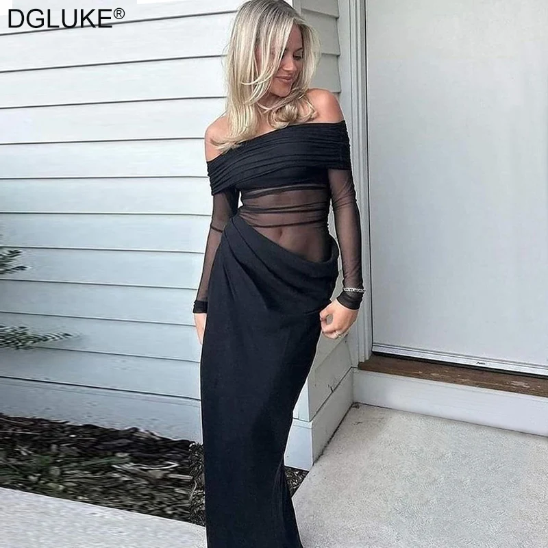 

DGLUKE Mesh Off Shoulder Long Sleeve Long Dress Women Ruched Draped Maxi Dress Sexy Sheer Party Evening Dresses