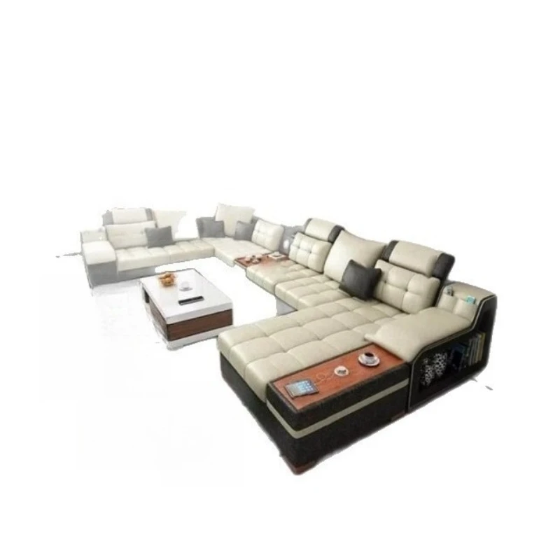 Multifunctional modern simple first-layer cowhide large apartment living room U-shaped leather art sofa furniture