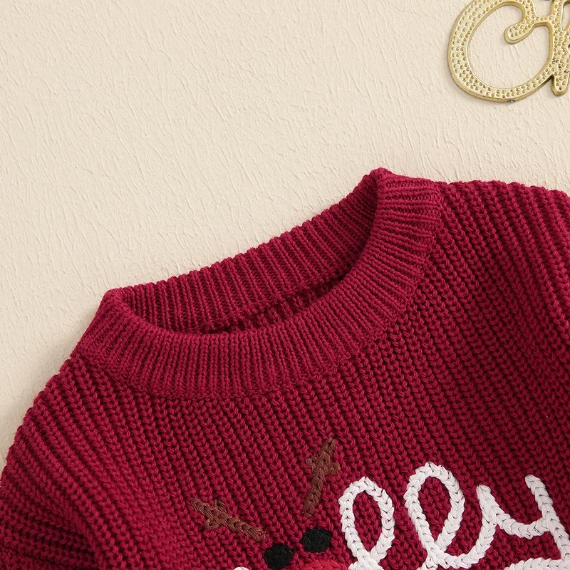 Baby Boys Girls Christmas Sweaters Newborn Reindeer Letter Embroidery Warm Pullover Knitwear Jumpers Tops