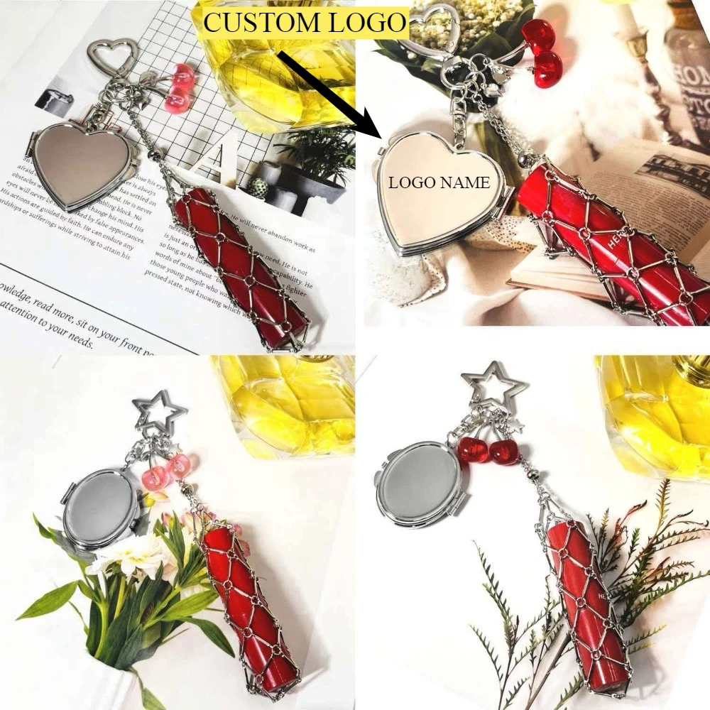 

New Stainless Steel Mesh Bag Lipstick Stand DIY Custom Keyring Decoration Cherry Pendant Practical Love Keychain Fashion Gift