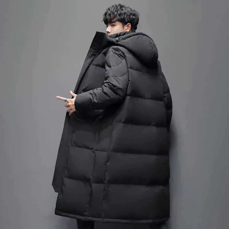 Winter Korean Men Long Down Coats 2023 New Fashion White Duck Plush Thicken Warm Overcoat Hooded Hat Detachable Male Jacket