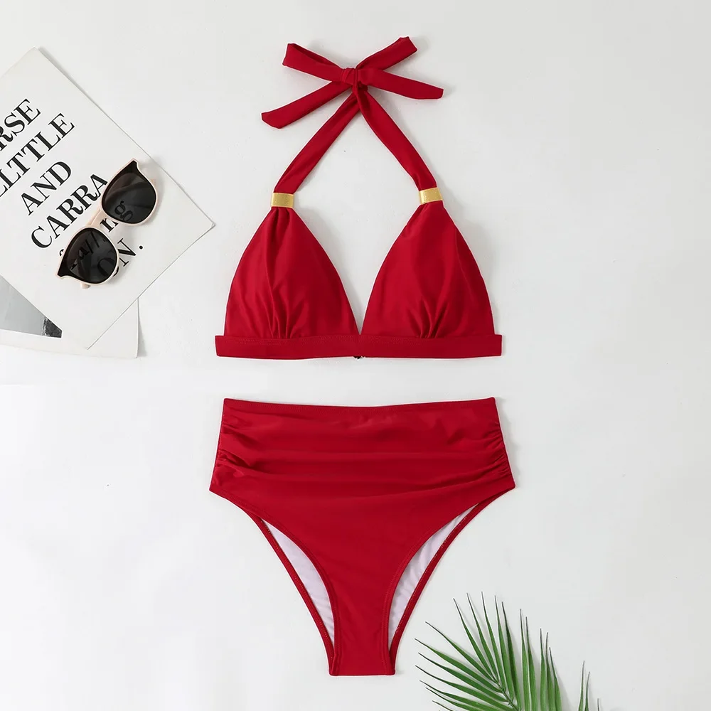 

Сексуальное красное бикини 2025, женский купальник из двух предметов, женский комплект бикини с высокой талией, купальные костюмы, бразильское бикини, новинка