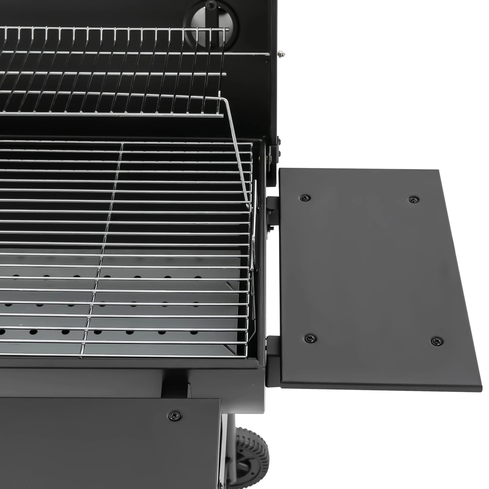 Großer schwarzer Holzkohlegrill mit Seitentischen, 4-6 Personen Outdoor-Grill mit Thermometer & Rädern, robuster tragbarer Holzkohlegrill für Garten, Camping und Picknick (Schwarz) – Detail 10