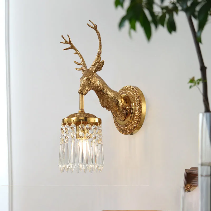 

French Deer Head Wall Lamp European Living Room TV Wall Decoration Lamp Bedroom Bedside Crystal Wall Lamp