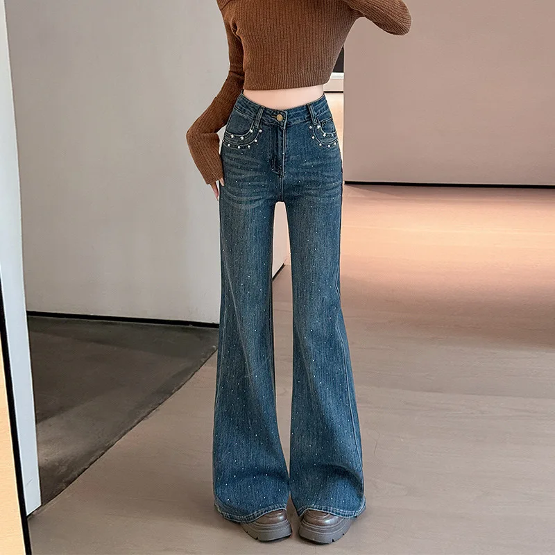 

Women's Starry Rhinestone Embellished Denim Pants High Waist Floor-Length Flare Trousers Y2K Streetwear