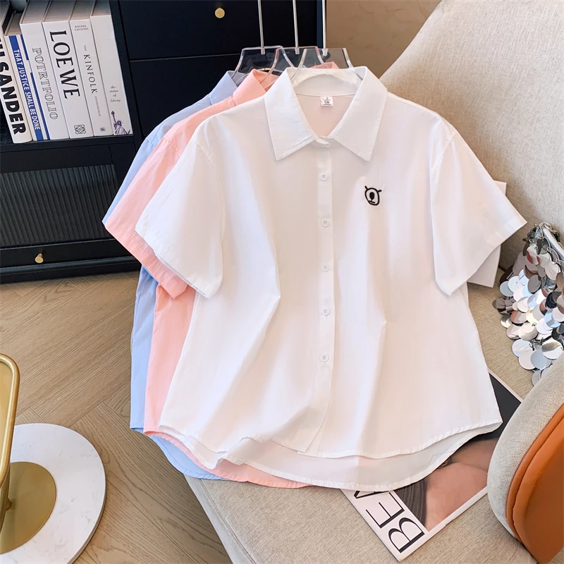 夏用コットン刺繍入りルーズフィットトップス レディース スイートスクール風 薄手カジュアルトップ 韓国風襟付き