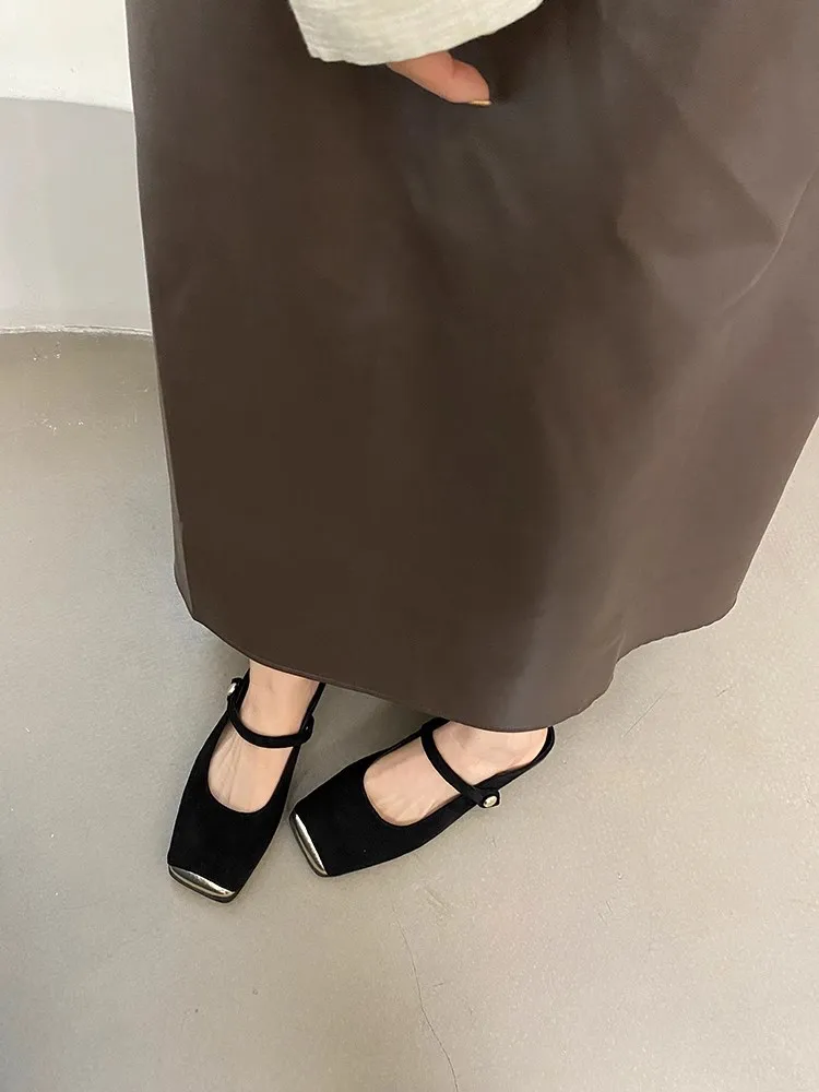 2025 Spring New Women's Wrap Toe Slippers Colorblock Square Toe Flat Front Strap Buckle Retro Classic Casual Ladies Suede Shoes