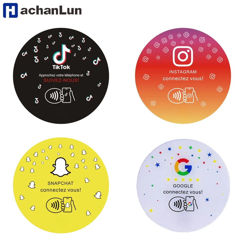 Carte à colle Programmable Google 13.56Mhz, carte ronde NFC Ntg215, affichage d'examen Google, porte-carte rond avec support adhésif