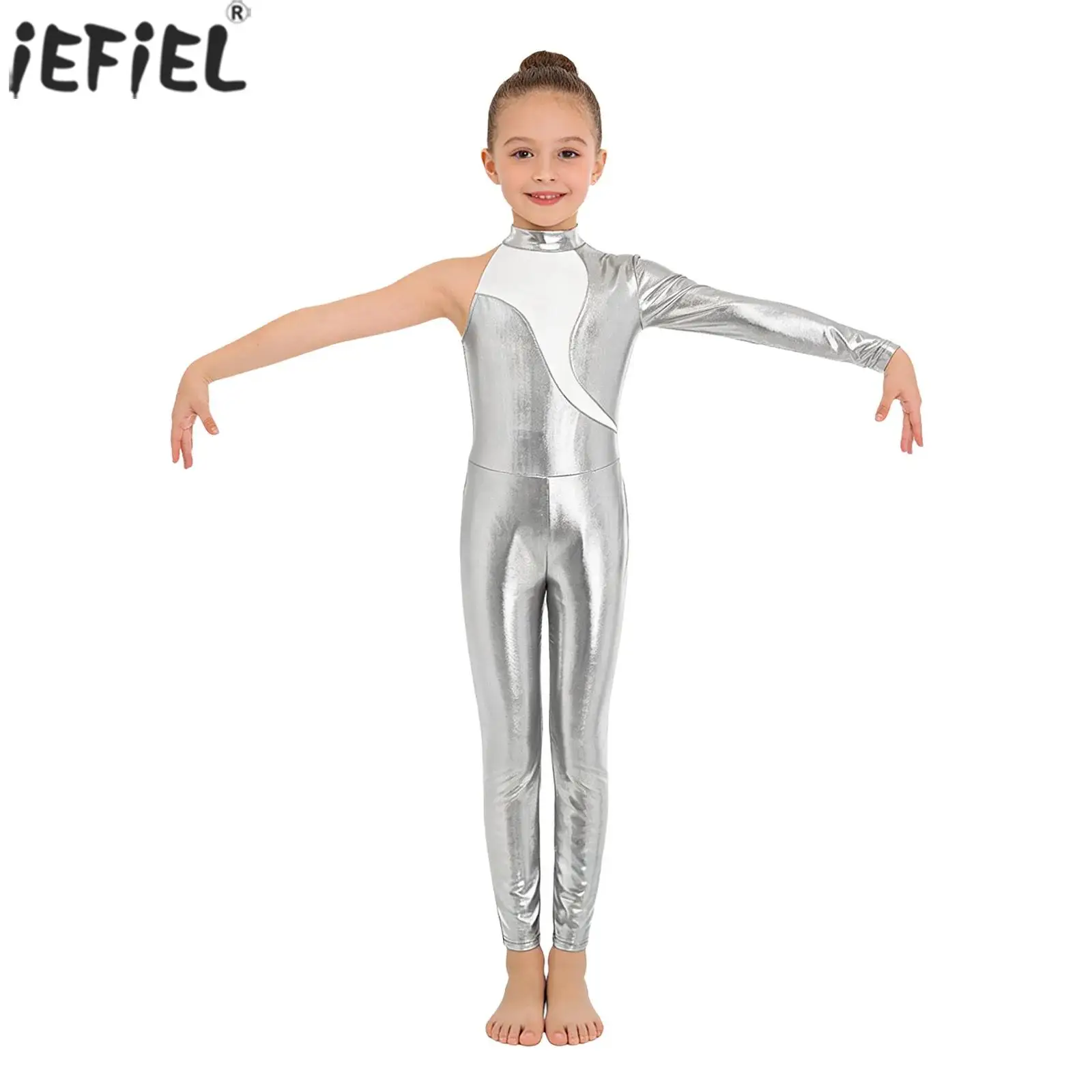 Kids Girls Gymnastics Leotard Ballet Dance Jumpsuit Metallic Shiny One Shoulder Mesh Bodysuit Figure Skating Acrobatics Costume