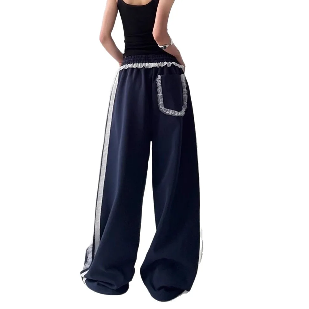 Women Trendy Lace Spliced ​​sports Casual Joggers Pants Summer New Lazy Versatile Pants Street Straight Leg Slim Fit Sweatpants