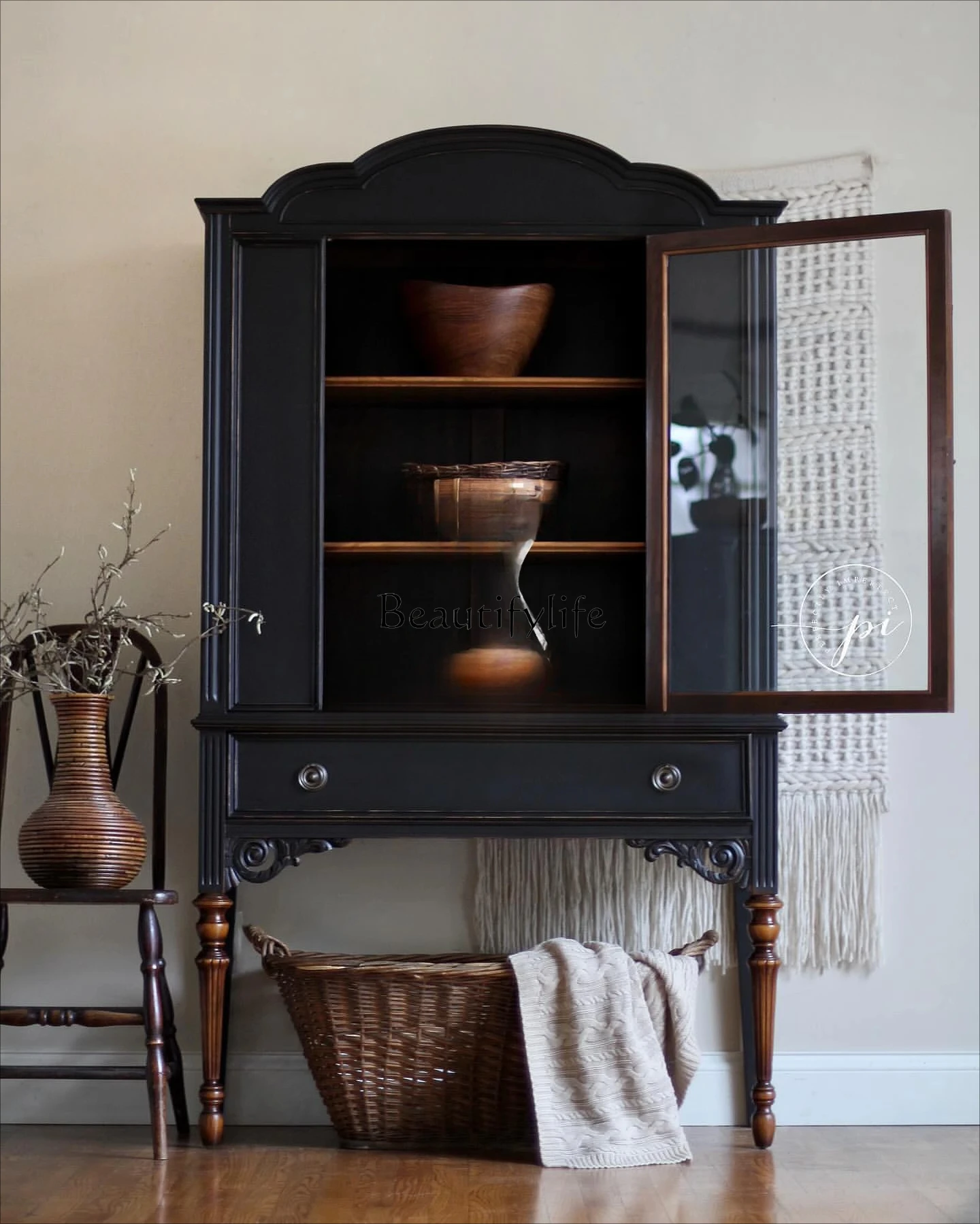 

French Retro Solid Wood Sideboard American Style Home Living Room Display Decoration Black Storage Cabinet