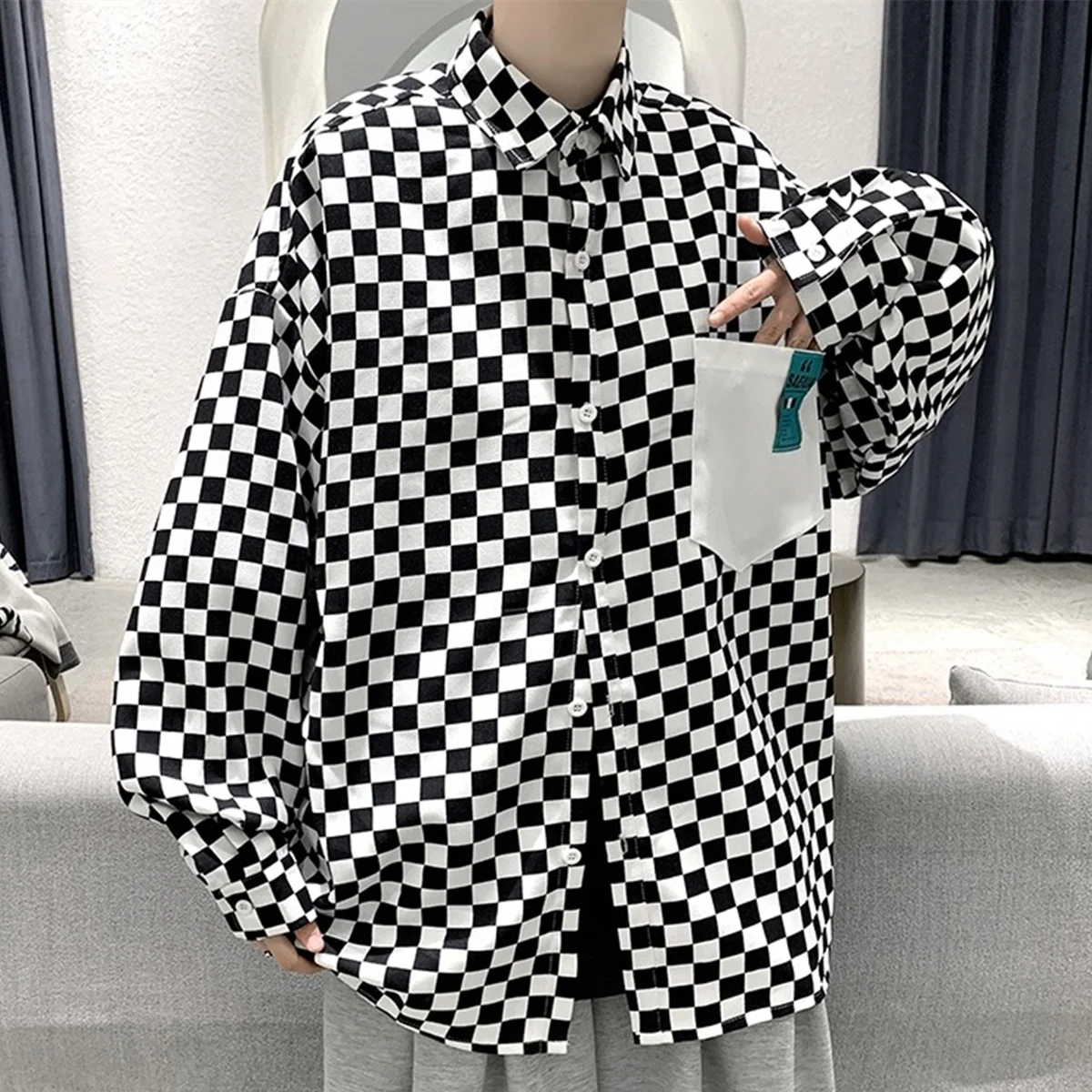 High street ins checkerboard long sleeved shirt men's spring clothes plus fat plus size trendy fat people loose casual coat