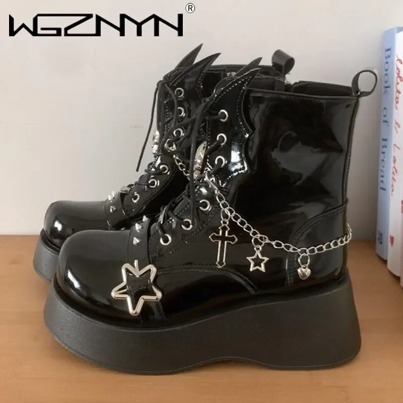 New Gothic Style Platform Vampire Cosplay Women Mid-calf Boots Autumn Winter Wedges Comfy Women Motorcycle Boot Punk Metal Shoes