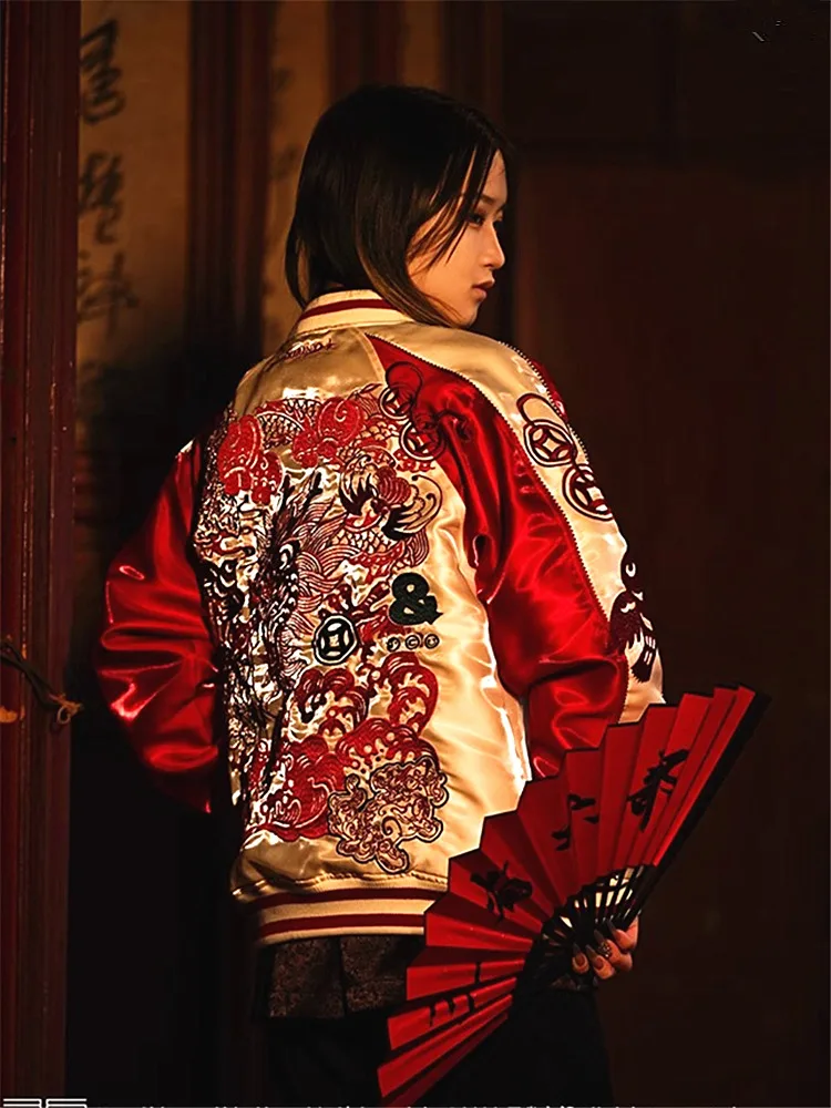 Chinese Style Dragon Paper-Cutting Embroidered Heavy Work Men Boys Streetwear High Street Sukajan Souvenir Jacket