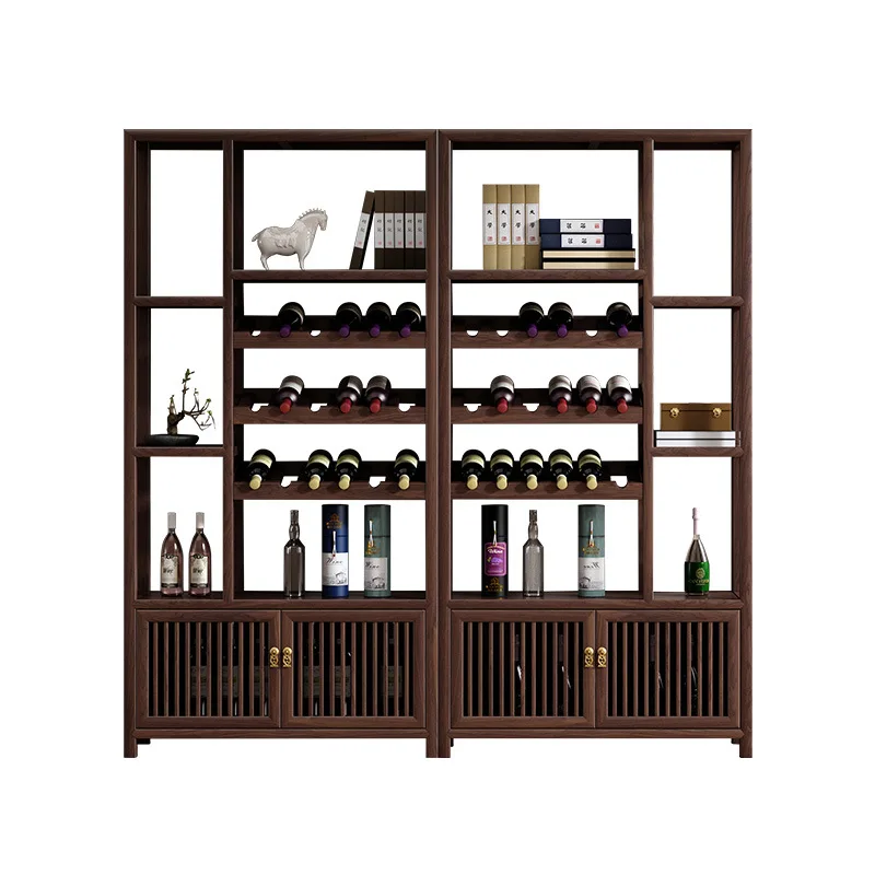 ตู้เก็บไวน์จีนแบบใหม่ ทำจากไม้เนื้อแข็ง พร้อมไฟส่องสว่าง ตู้โชว์แบบมีฉากกั้น