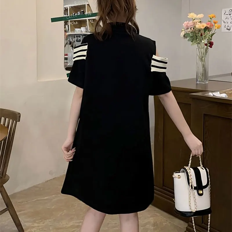 Summer Fashion Off Shoulder Dresses Female Clothing Korean Striped Patchwork Basic A-Line Commute Polo-Neck Button Midi Dress