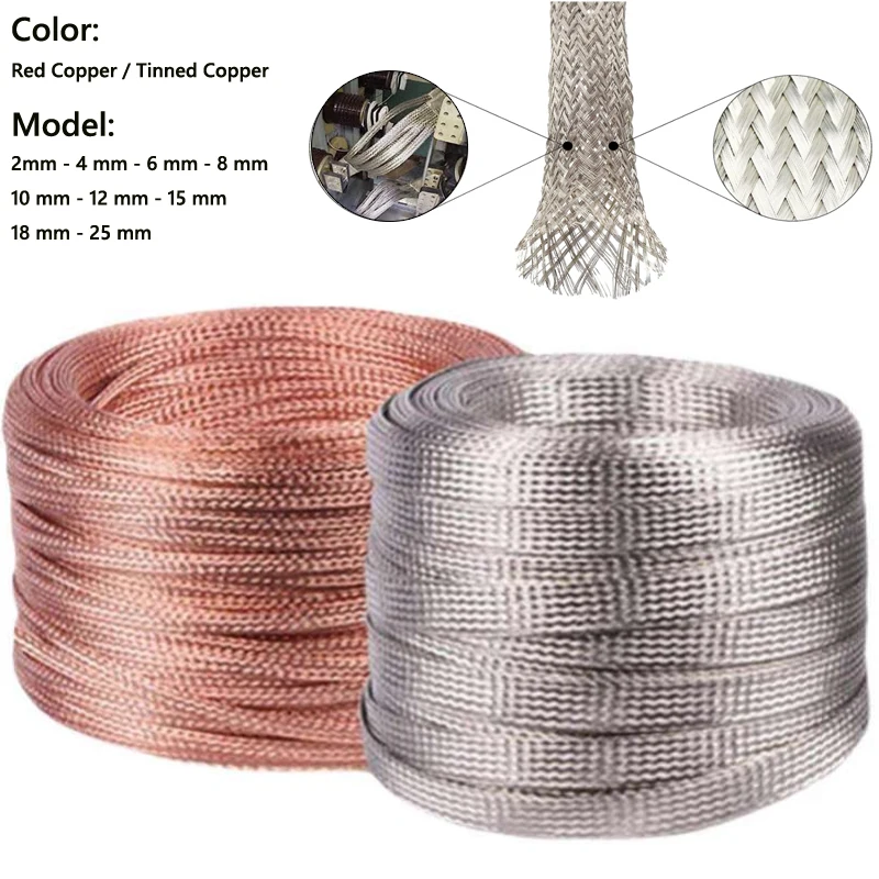 1/5/10M Copper Braided Sleeve Tinned Plating 4 6 8 10 15 18 25 mm Expandable Metal Sheath Screening Signal Wire Cable Shielded