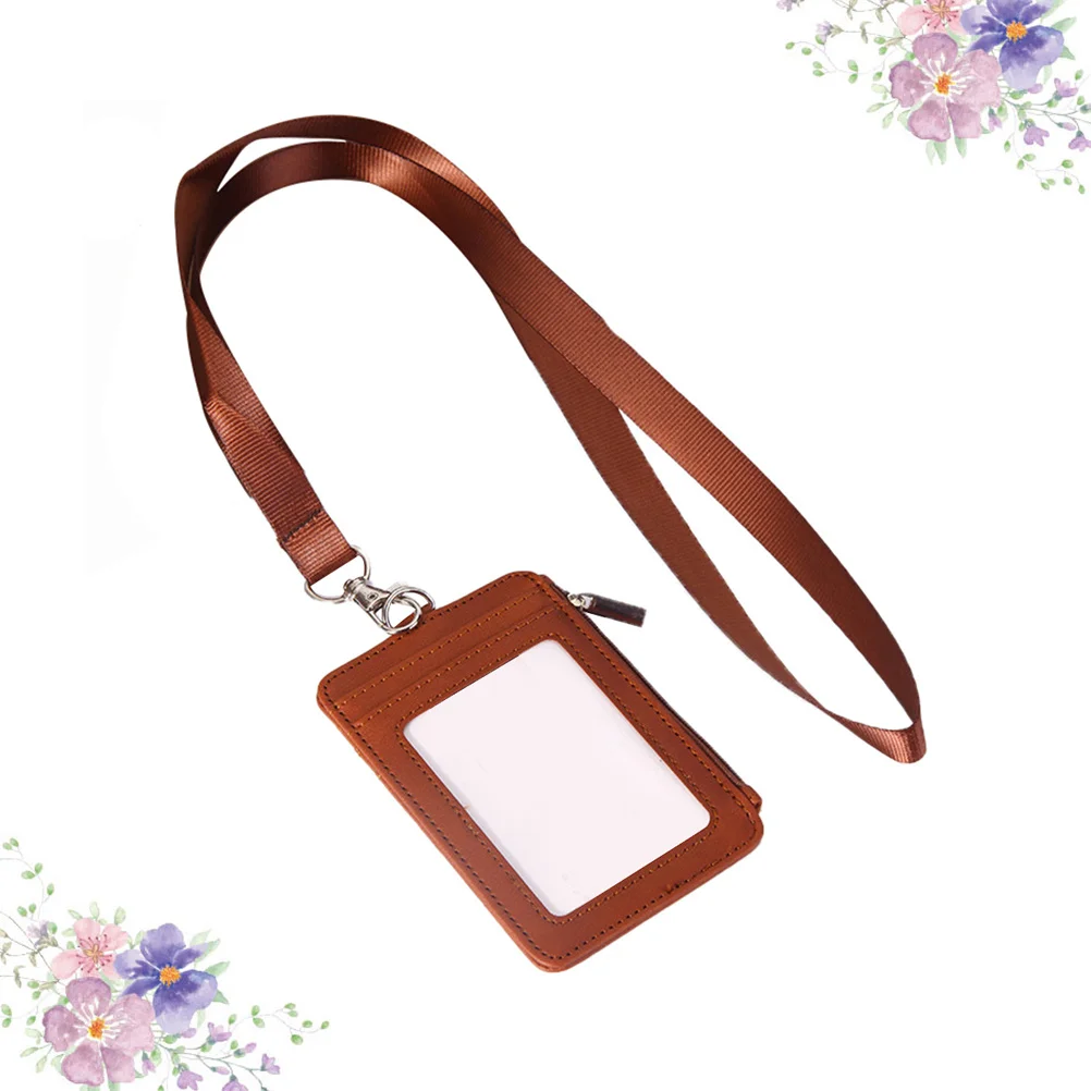 

Chest Badge Holder Brown Waterproof Id Card Protector Hanging Lanyard For Work School Travel Name Tag Storage Pocket Rope Holder
