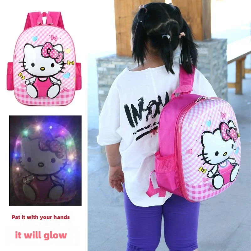 MINISO Kawaii Hello Kitty School Backpack for Girl Student School Bag with Flashing Light Nylon Fabric Luxury Designer Bag