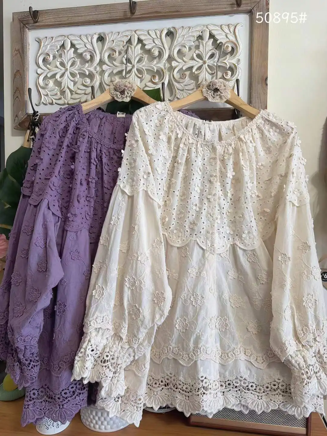 

2026 Beautiful women's blouses mori kei bohemian purple beige lace embroidered shirts and blouses for women boho clothing