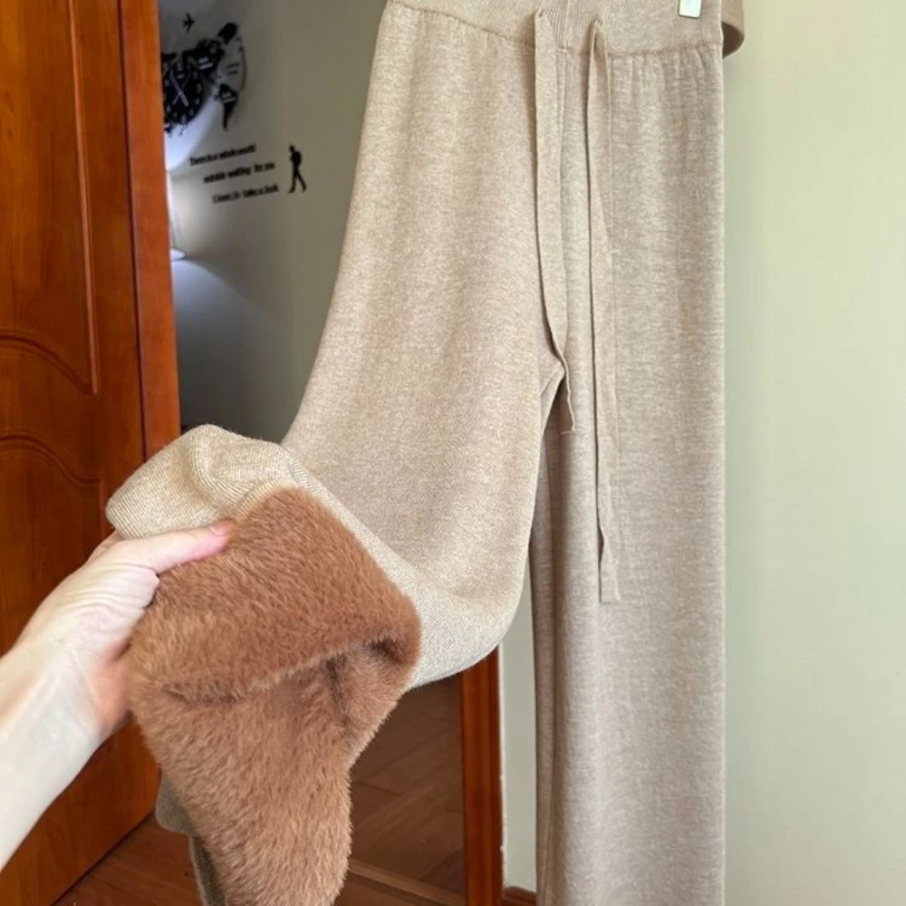 Koreaanse mode eenvoudige gebreide wijde pijpen broek dames herfst winter hoge taille bromfiets dikke casual broek rechte broek