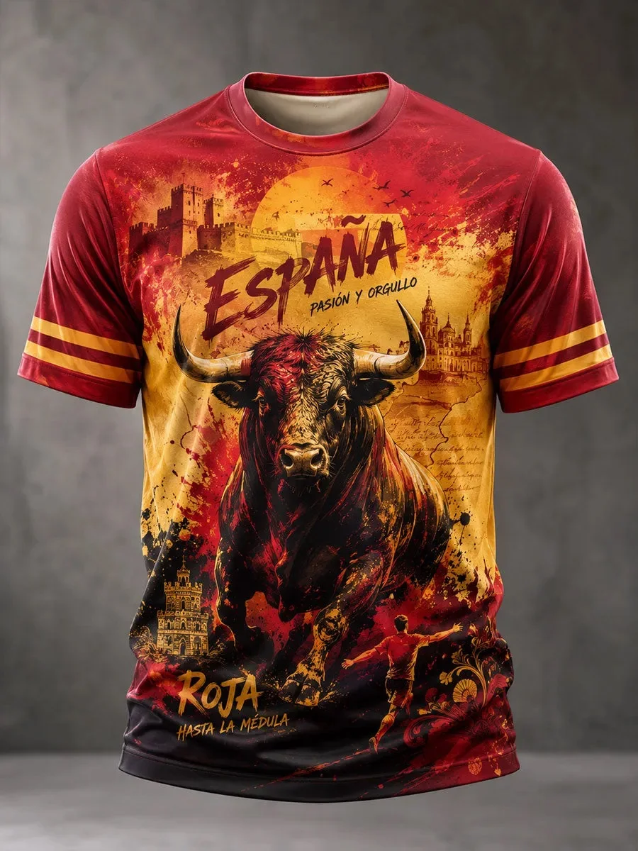 2026 Spain Espana Bull Full Print Football Jersey, Vintage Spanish Castle Graffiti Short Sleeve Fan Streetwear Tee Unisex