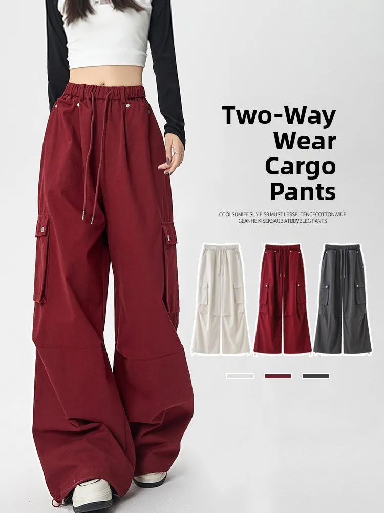 

Красные женские повседневные брюки карго с высокой талией, свободного кроя, весна-осень 2026, новые, с множеством карманов, прочные, удобные, дышащие