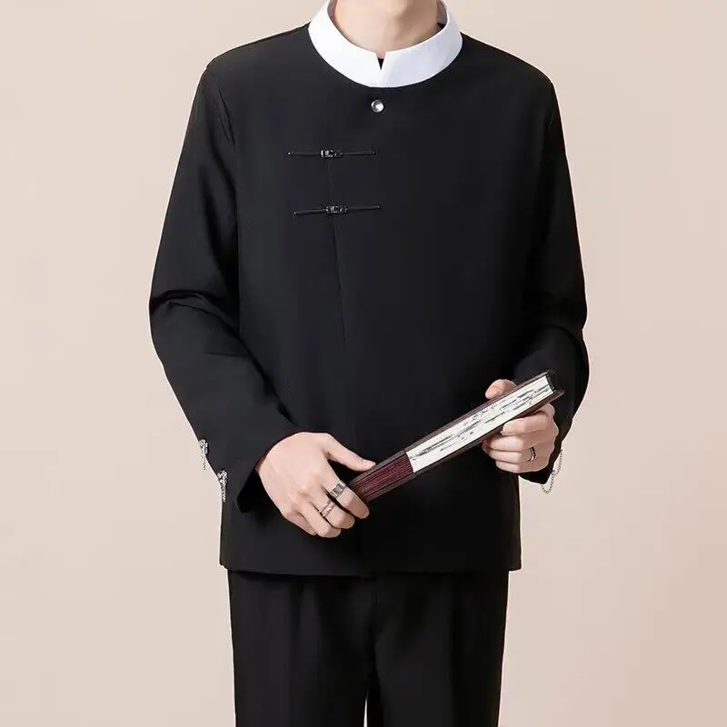 2025 männer Chinesischen Stil Schwarz Anzug Jacken Männer Hübsche Blazer Männer Kontrast Farbe Tang-anzug Männlichen Streetwear Retro Blazer Jacke
