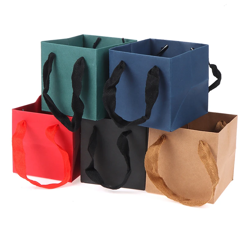 Square Portable Kraft Paper Bag Flowers Packaging Bag Birthday Wedding Gift Bag