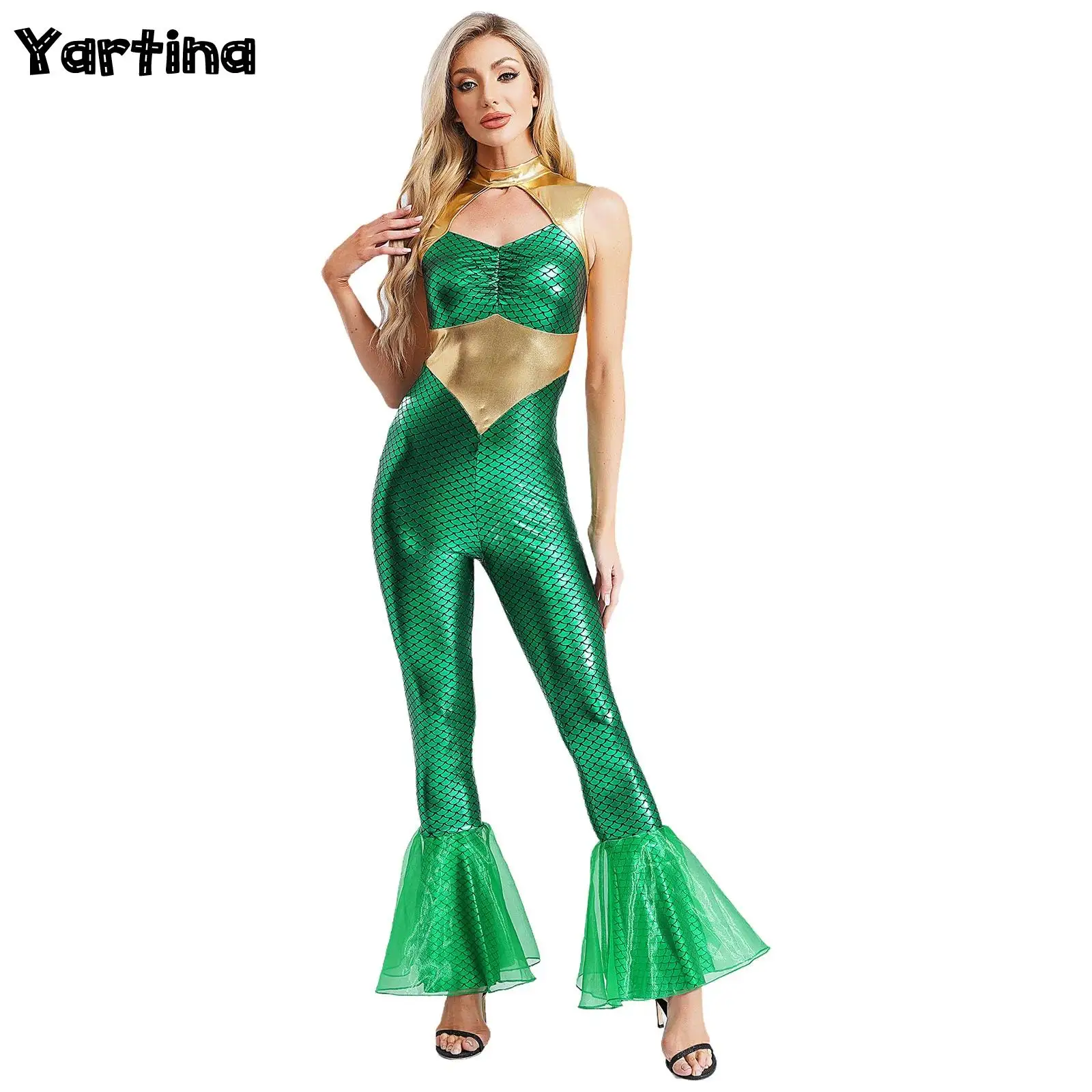 

Womens Metallic Fish Scales Pattern Flared Hem Unitards Jumpsuit Cutout Front Mermaid Cosplay Performance Theme Party Costume