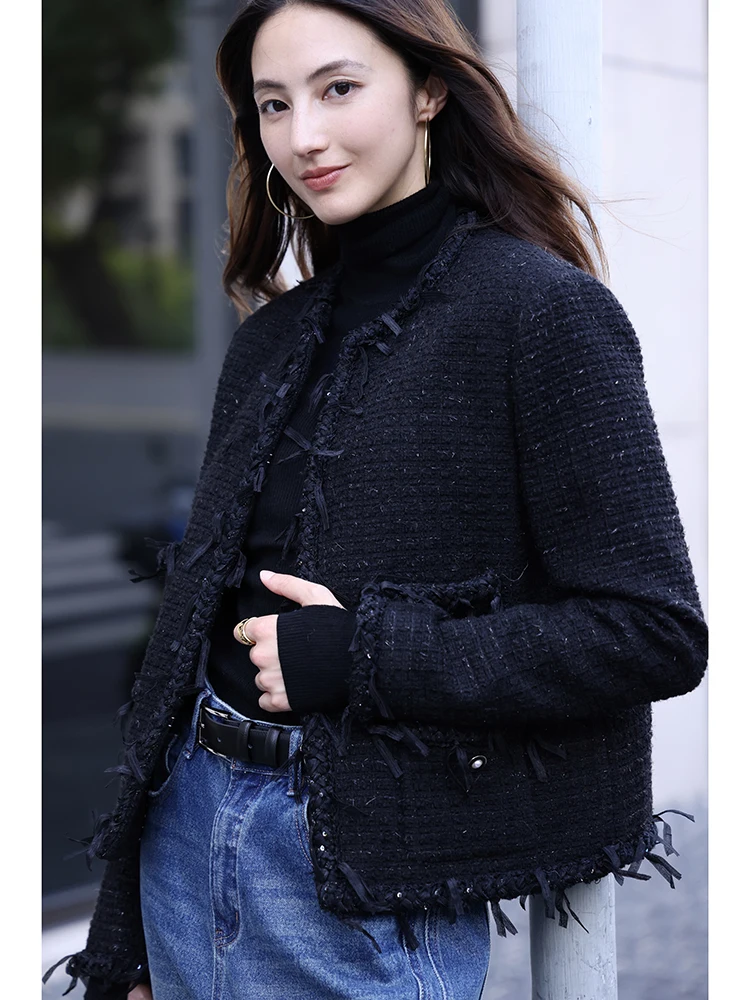 

Винтажное шерстяное пальто FANNIU свободного кроя с бахромой, круглым вырезом, утепленное, осенне-зимнее, модное женское пальто