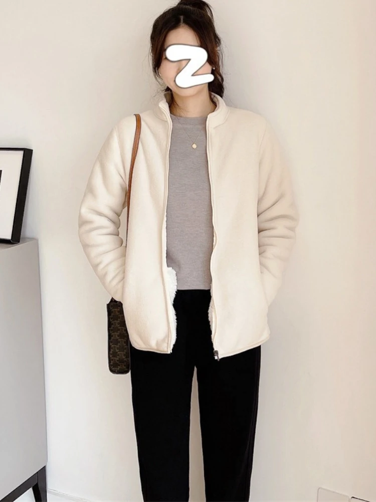 Japanese High-end Wool-lined Sweatshirt Couple's Layering Jacket Women Men Double-Layer Fleece-Lined Puffer Jacket Stand Collar