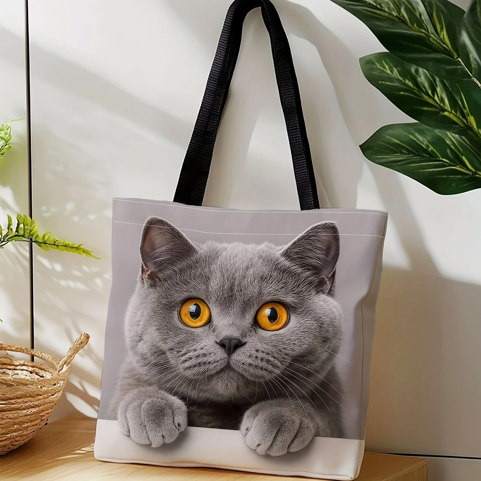 1pc a Shopper Bag, a Portable Bag That Can Be Carried on The Shoulder Or by Hand, Featuring a Curious Grey Cat with Bright Eyes