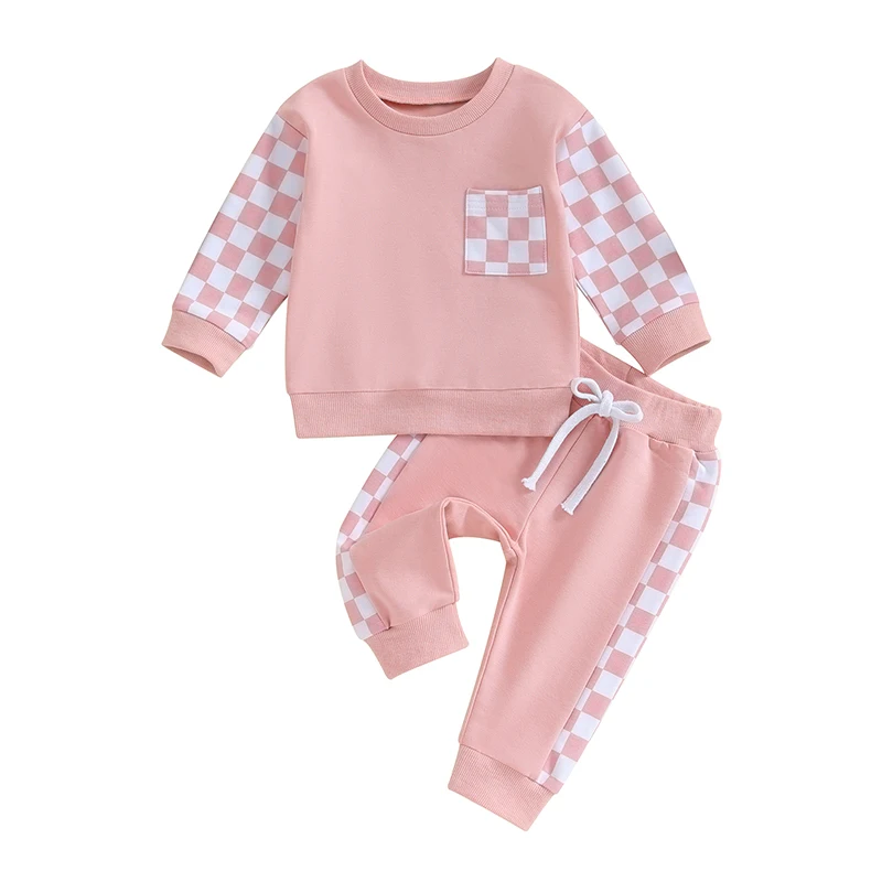 

Baby Girl Boy Fall Winter Clothes Checkerboard Print Long Sleeve Sweatshirt Tops Pants Set 2Pcs Toddler Outfits