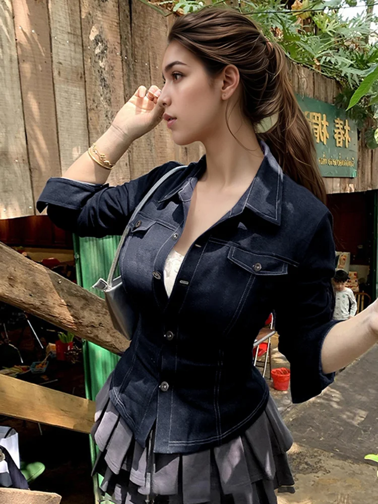 

Denim Lapel Shirt Women Sexy Fashion Short Sleeve Single Breasted Waist-cinching Shirts 2026 Lady Casual Daily Street Outwears