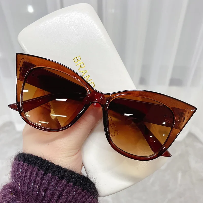 Cat Eye Sunglasses Women Fashion Oversized Gradient Color Shades Eyewear Brand Designer Semi Metal Cateye Frame Sun Glasses