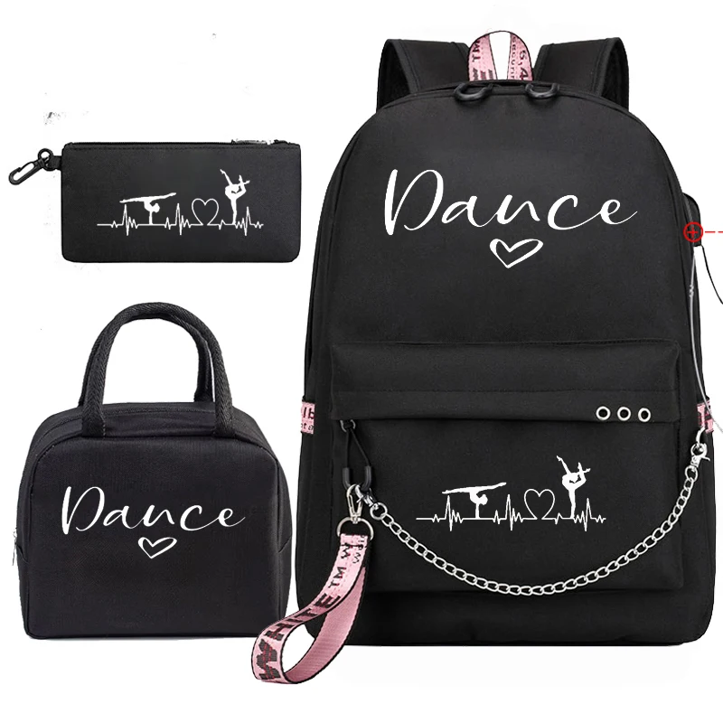 3Pcs/Sets Funny Dance Print Backpack with Lunch Bag Rucksack Casual School Bags for Girls Women Dancing Student Bagpack Sets