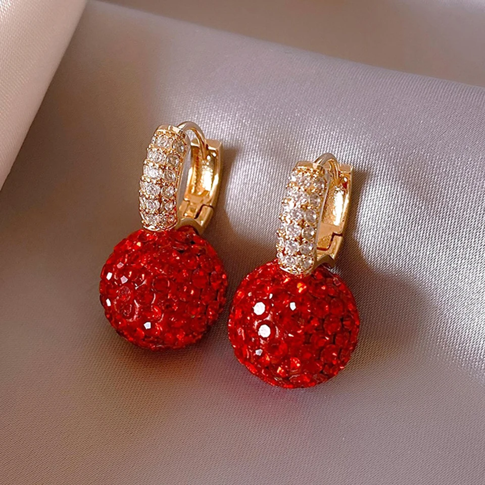 Yupsk New Fashion Jewelry Full Zircon Red Ball Earrings Korean Temperament Earrings for Women Christmas Jewelry Gifts