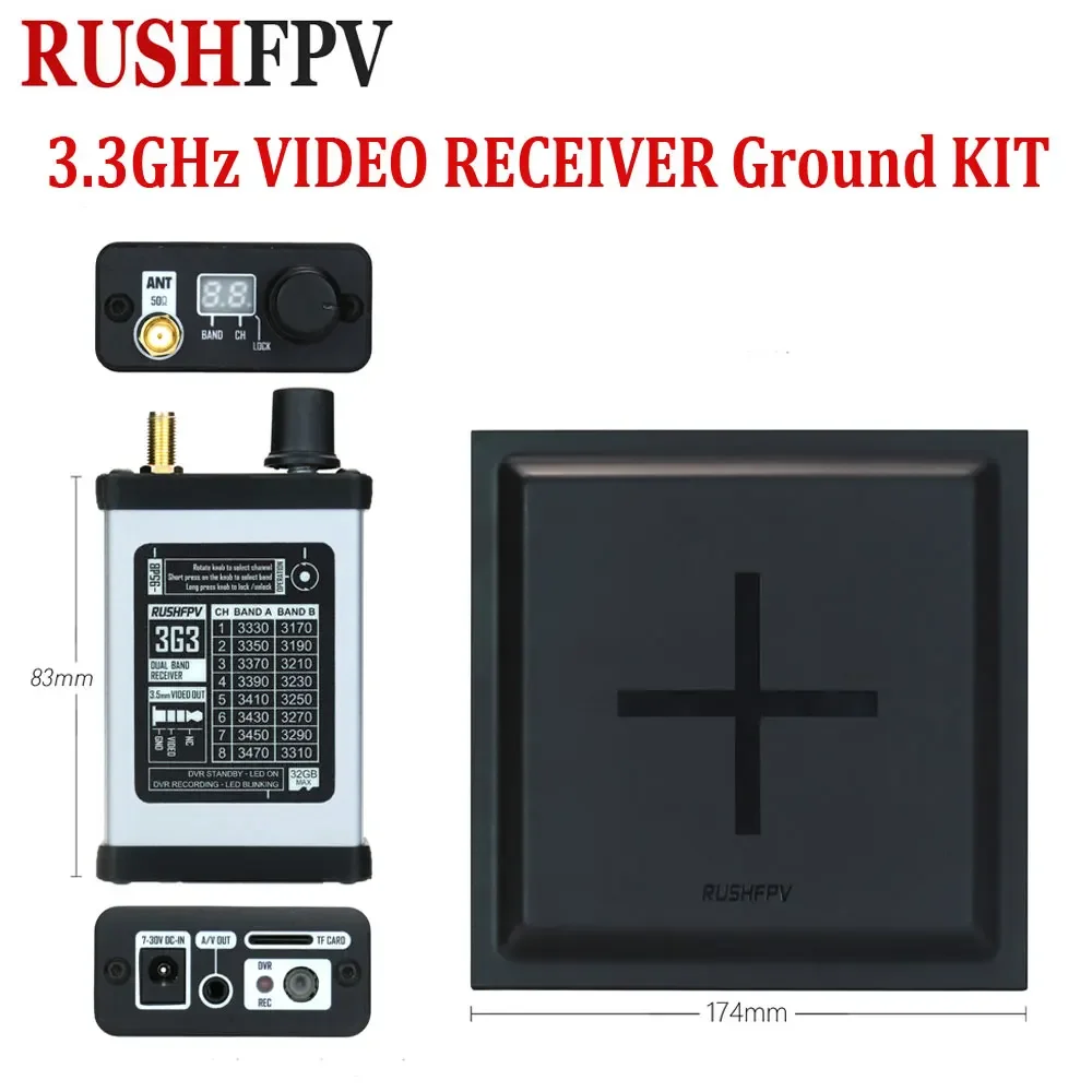 

Комплект наземной станции RUSHFPV 3.3ГГц VRX с приемником 16 каналов для FPV-видео на большие расстояния и направленной антенной 15.8dBi для радиоуправляемых дронов