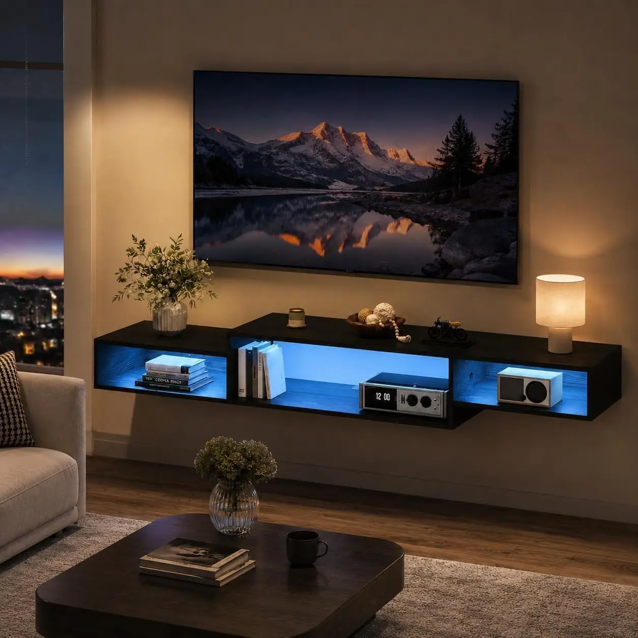 59 Inch Floating TV Stand with LED Light & Power Outlet, Black, Customized